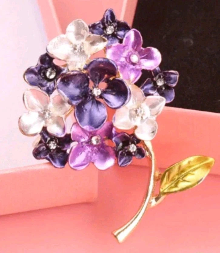 purple Hydrangea Flower Brooch Pin Crystal Rhinestone Purple & White Corsage Hydrangea