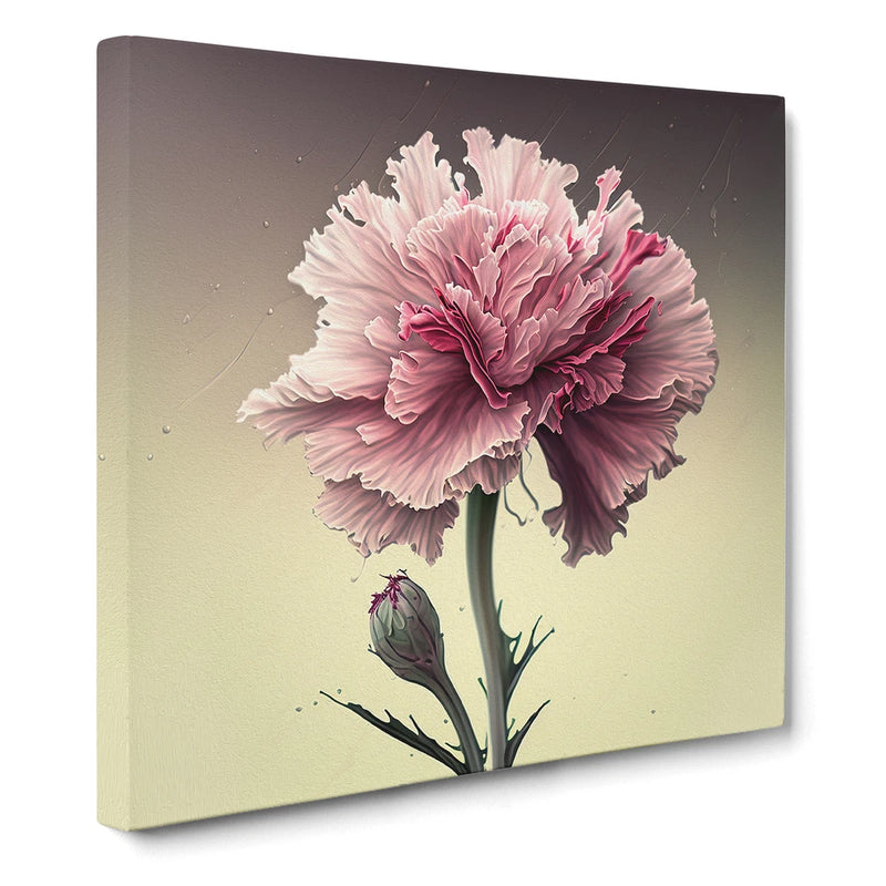 Framed canvas wall art print with pink carnation flower and green stem