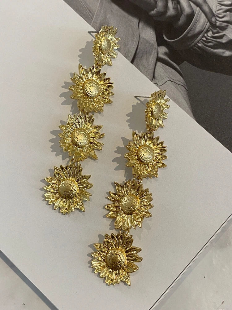 Latoir Fashion Blogger Gold Sunflower Flower Tiered Statement Drop Earrings Sunflower