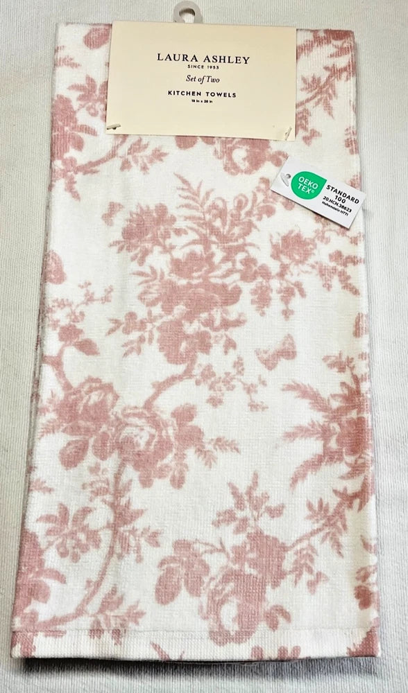Cotton kitchen towels set of two with pink rose floral print
