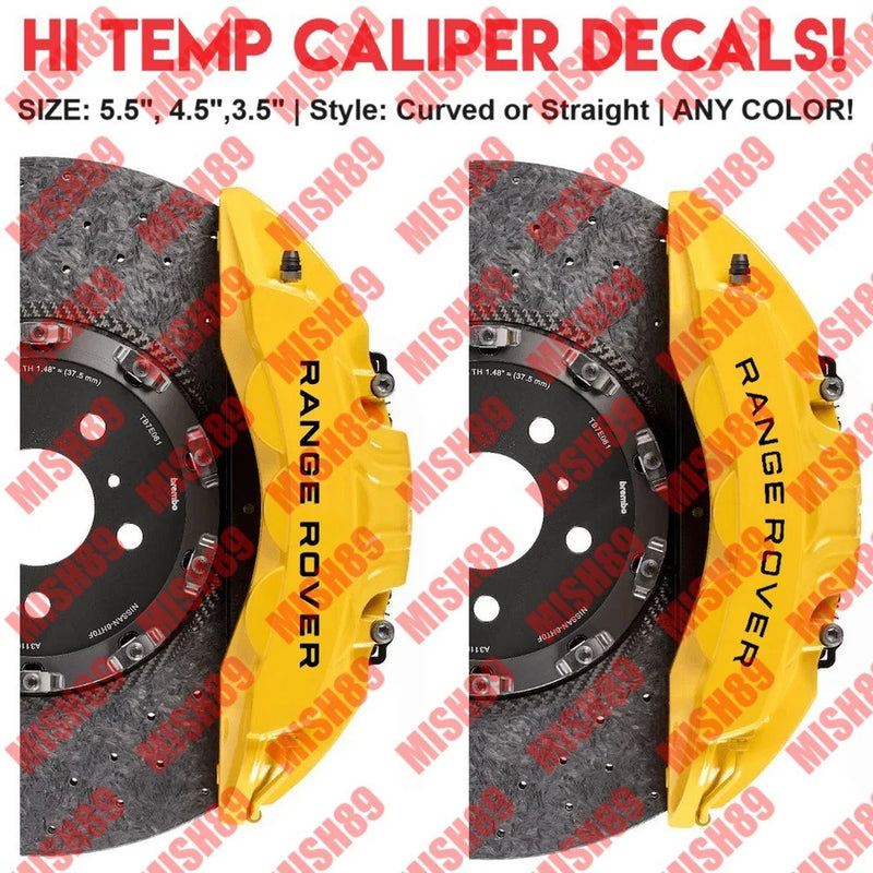 Brake caliper decal vinyl sticker with RANGE ROVER lettering on yellow caliper
