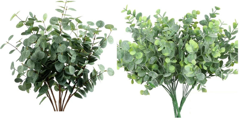 Two faux eucalyptus greenery bunches with green round leaves on stems