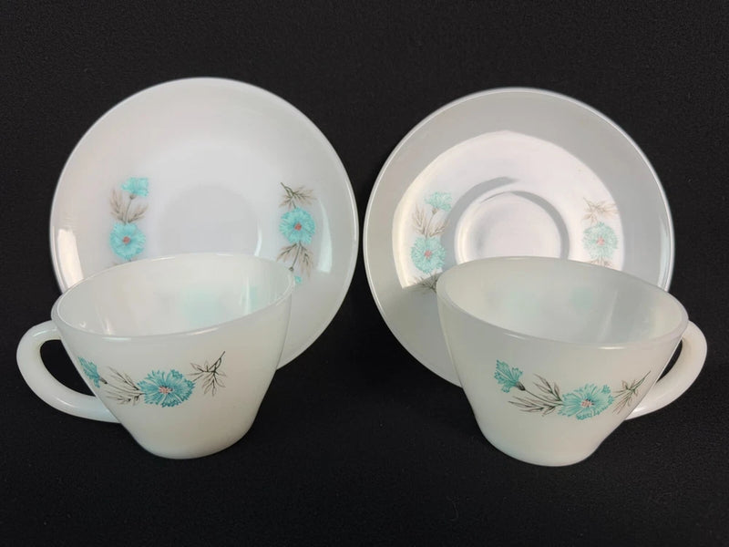 Vintage Fire King Bonnie Blue Carnation Flower Teacup Cup & Saucer 2 Sets Carnation