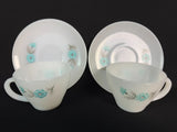 Vintage Fire King Bonnie Blue Carnation Flower Teacup Cup & Saucer 2 Sets Carnation