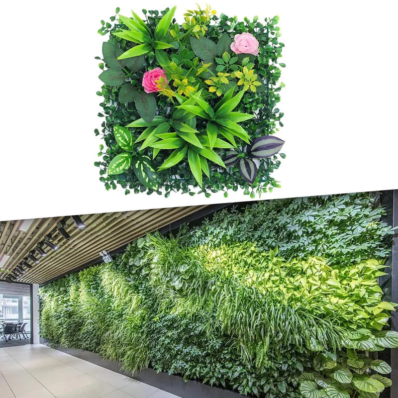 Artificial green foliage wall panel with dense leaf and grass textures