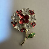 Costume Jewelry Pink & White Hydrangea Flower Brooch with Rhinestones Gold Tone Hydrangea
