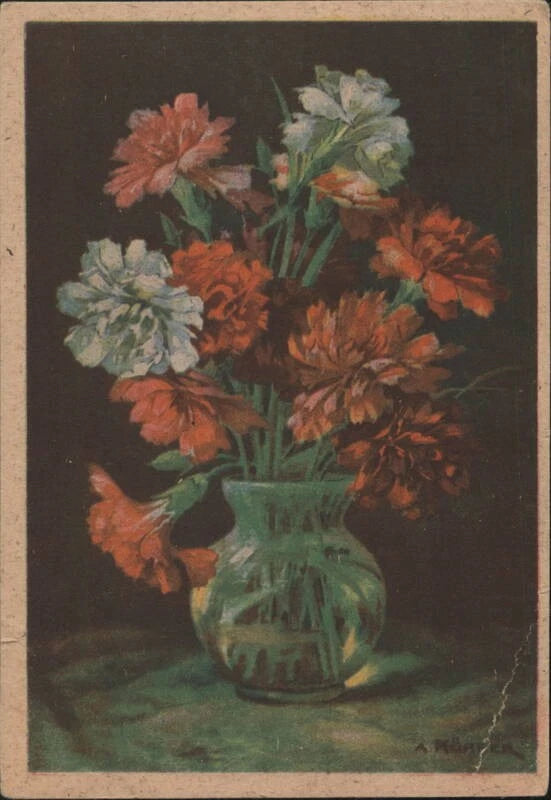 Still life painting of red and white carnations in a glass vase