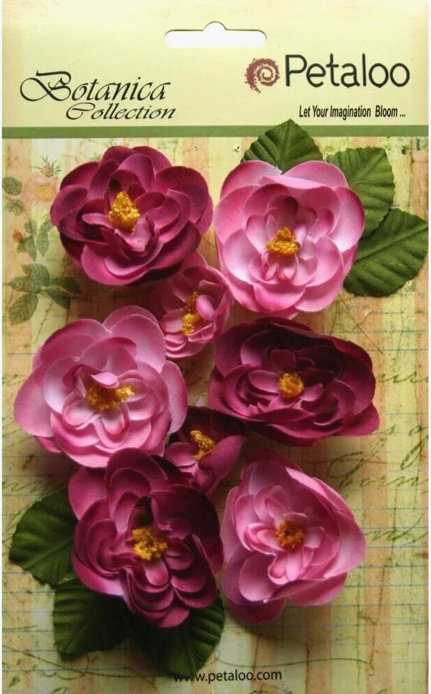 Ranunculus FUCHSIA - 8 Fabric Flowers + 6 Leaves 33-48mmAcross Botanica Pet L2b Ranunculus