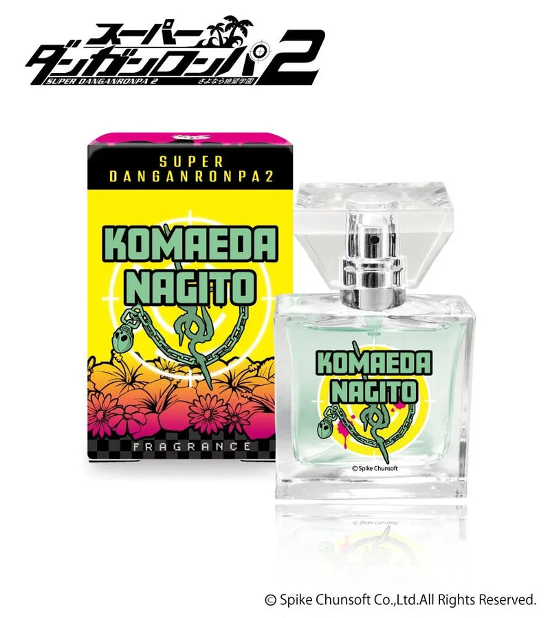 Perfume fragrance bottle with clear glass, silver spray top, and colorful boxed label