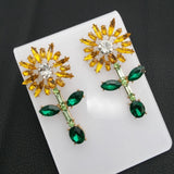 Women's Yellow Green Crystal Sunflower Leaf Stud Earrings Sunflower