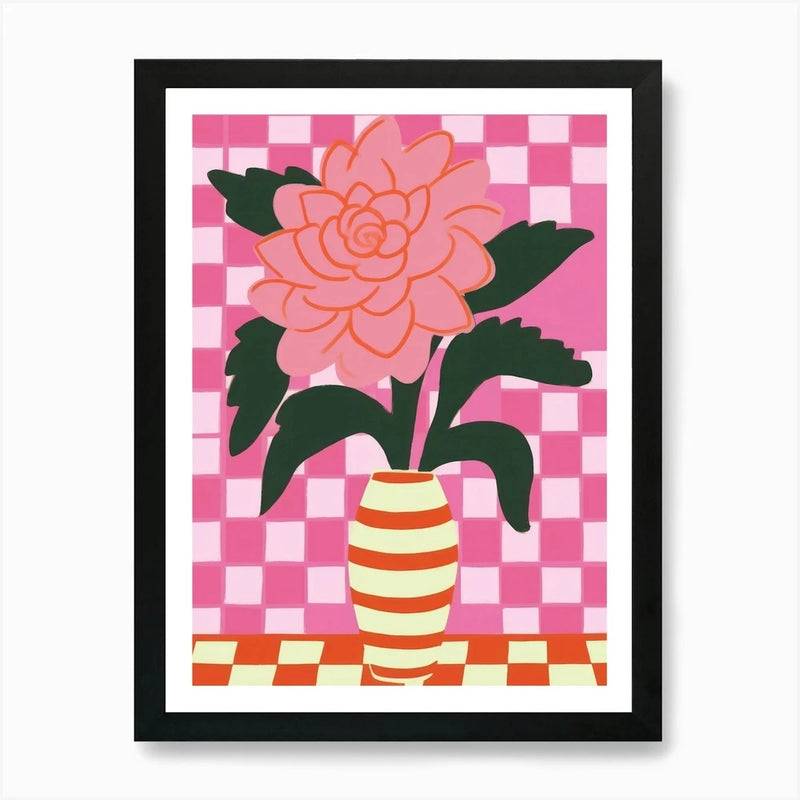 Framed peony flower wall art print with orange flower in striped vase