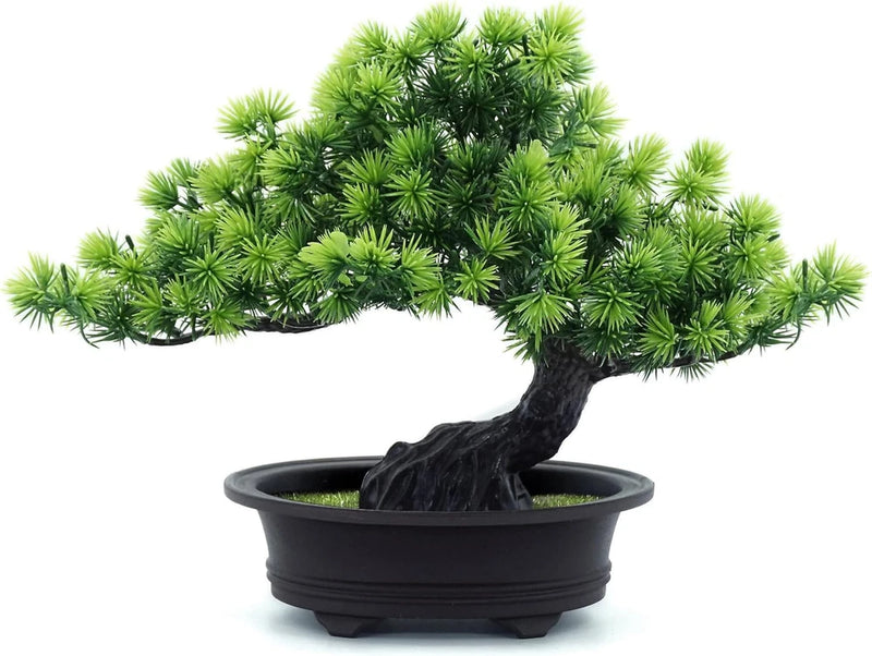 Artificial bonsai tree with green needle-like leaves and black textured pot