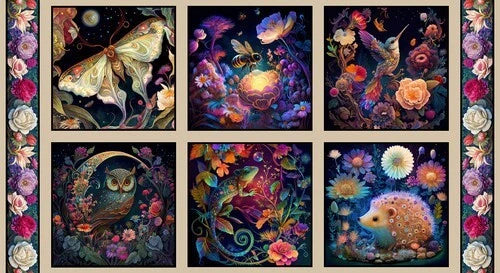 24" X 44" Panel Night Garden Flowers Floral Animals Cotton Fabric Panel D650.28 Flowering Plants