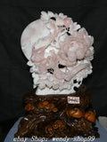 18" China Natural Pink Xiu Jade Carve Peony Flower Bird Magpie Moon Statue Peony