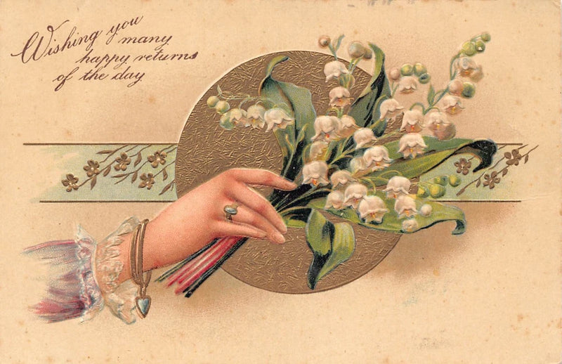 Vintage greeting postcard featuring lily of the valley flowers and a green bird illustration