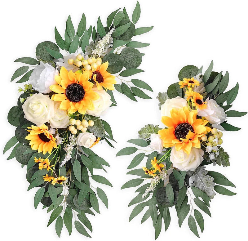 Artificial floral swag set of 2 with sunflowers, roses, and eucalyptus leaves