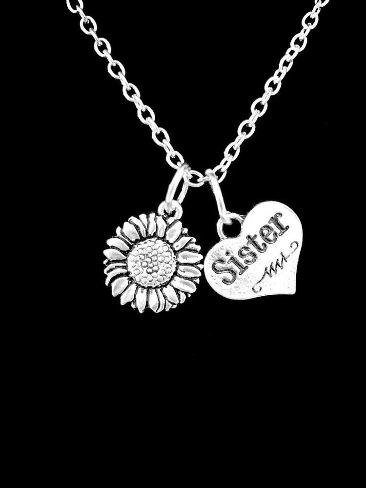 Silver sunflower and Sister heart pendant necklace with chain