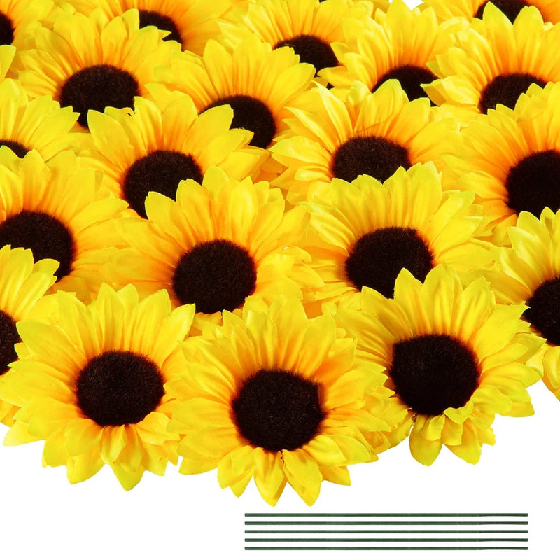 40 Pcs 4 Inch Fake Sunflower Heads with Stems Artificial Silk Flower Heads Sunflower
