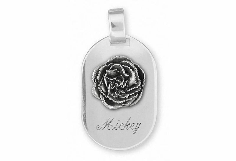 Sterling silver flower pendant with raised carnation design and engraved Mickey