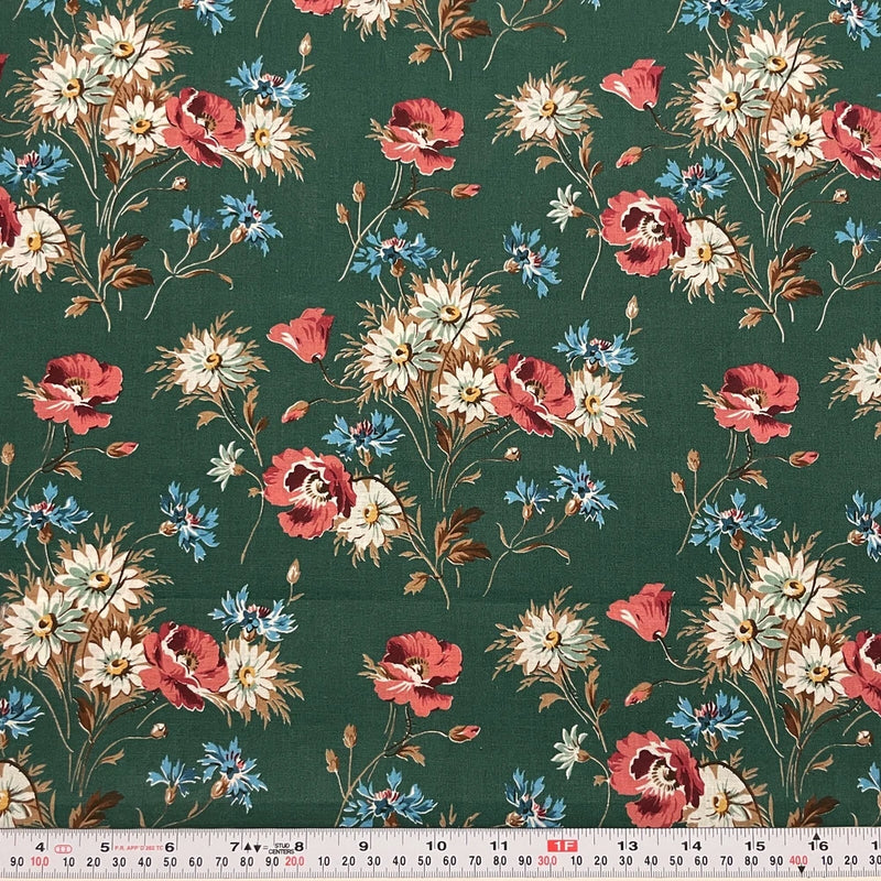 Vintage Cranston Screen Print Florals on Green Cotton Fabric by the HALF YARD Flowering Plants