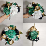 Emerald Green Black Gold White Rose Calla Lily Bridal Wedding Bouquet Accessorie Bouquet