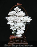 18" Old Chinese Natural Dushan Jade Carving Fengshui Peony Flower Statue Peony
