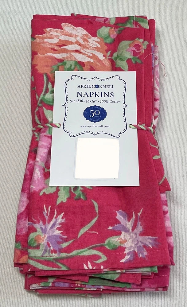 Pack of 10 cotton dinner napkins, rose pink with green floral pattern