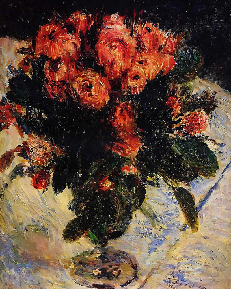 Restored roses art print with red-orange bouquet in painterly brushstrokes, 8x10 in