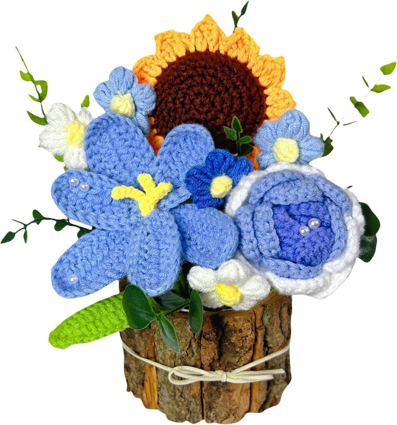 Blue preserved carnation flower arrangement with crochet-style blossoms in log base