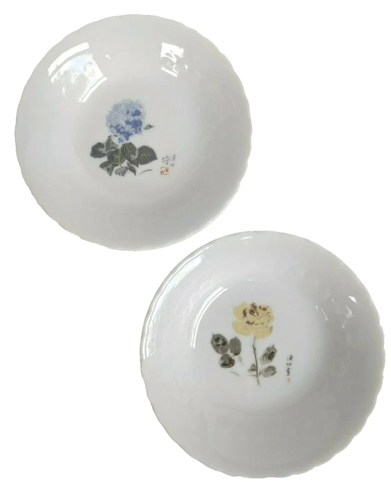 Ito Shinsui Small Floral Ceramic Bowls Set of 2 Japan Blue Hydrangea Yellow Rose Hydrangea