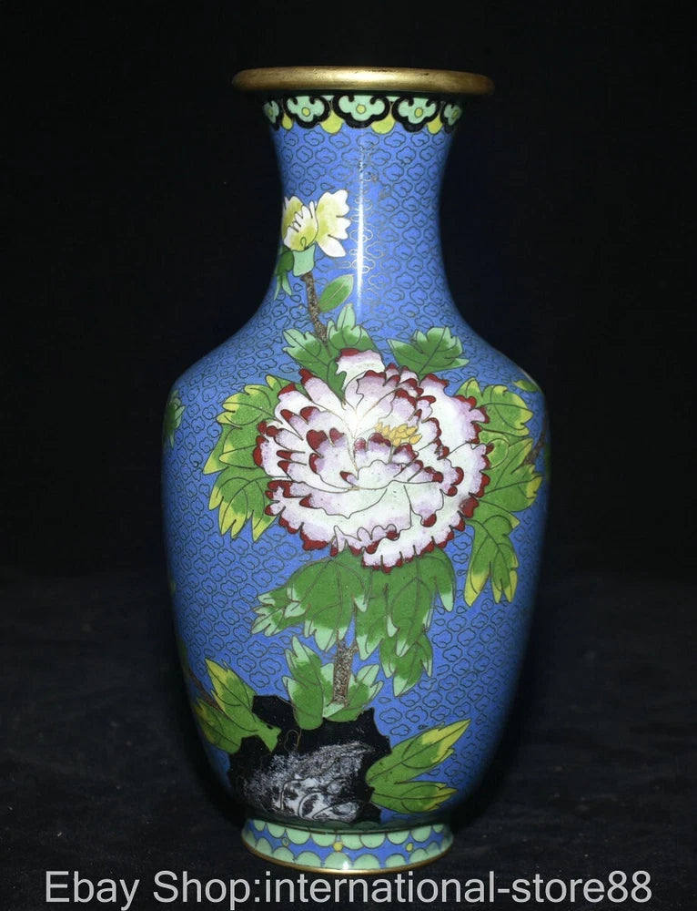 9.2" Old China Copper Blue Cloisonne Enamel Butterfly Peony Flower Bottle Peony