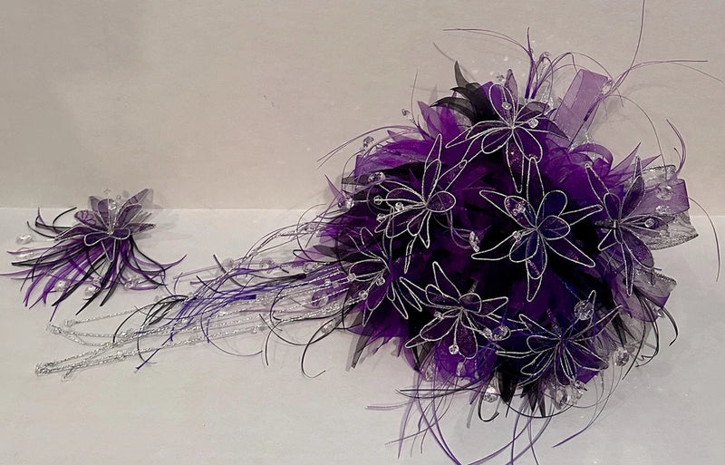 Purple wedding bouquet with silver wire flowers and matching hair piece