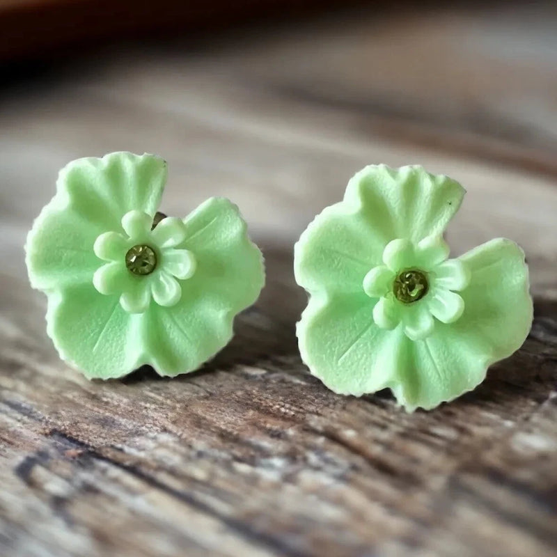 Green flower rhinestone stud earrings with screw-back clasps