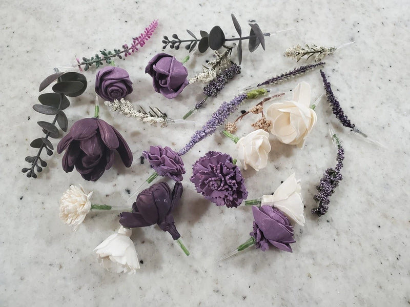Plum and cream sola wood wildflower bouquet topper set with purple blossoms and stems