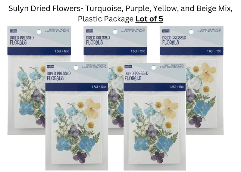 Pressed dried floral craft lot of 5 in plastic packs, turquoise purple yellow beige mix
