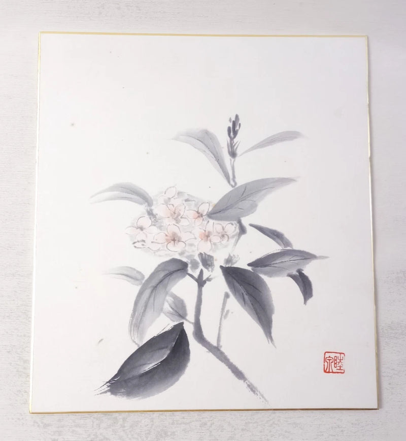 Vintage Japanese Shikishi Art board Hand Painted Pink Hydrangea Flower Hydrangea