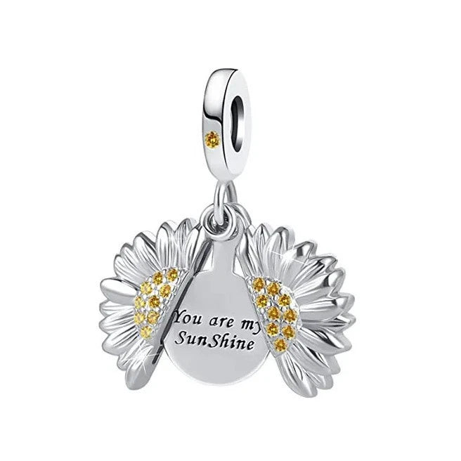 925 sterling silver sunflower charm with yellow enamel and 'You are my Sun.Shine'