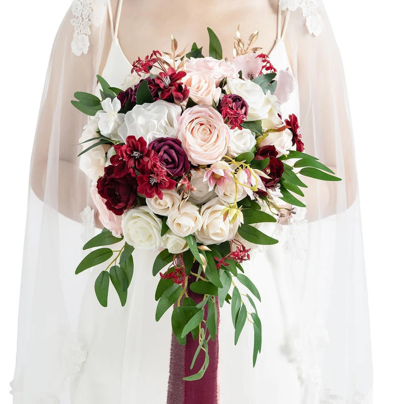 Ling's Moment Burgundy Bridal Bouquet for Bride, 13 Inch Romantic Marsala Wed... Bouquet
