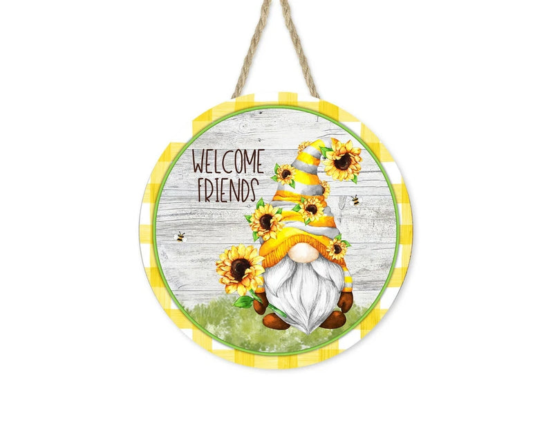 Welcome Friends Sunflower Gnome 12 inch Printed Handmade Wood Sign Sunflower