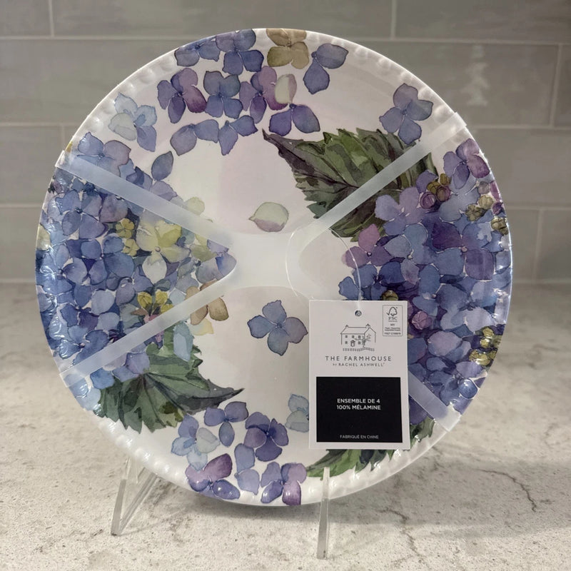 Set 4 HYDRANGEA 8.5Ó Melamine Salad Plates Farmhouse Rachel Ashwell NEW Blue Hydrangea