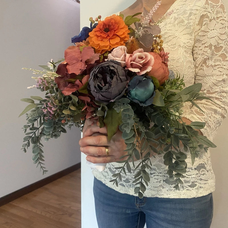 Bridal Wedding Bouquet Budget Friendly Handmade Faux Florals Purple Blue Orange Bouquet
