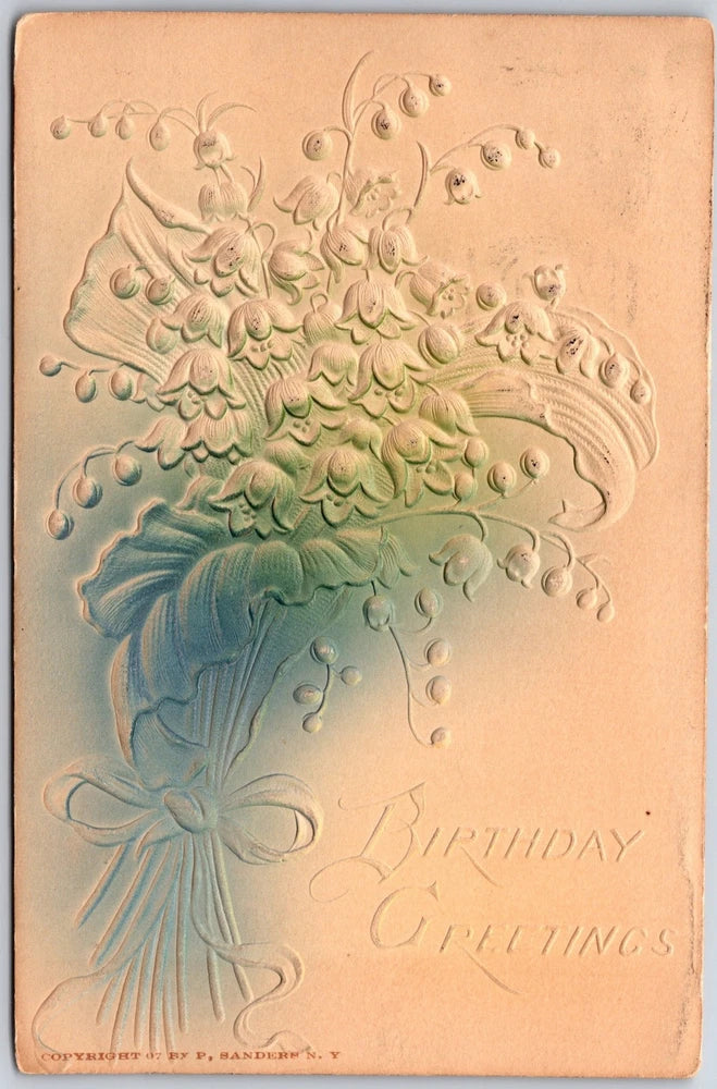 Embossed lily-of-the-valley floral bouquet birthday greetings art postcard