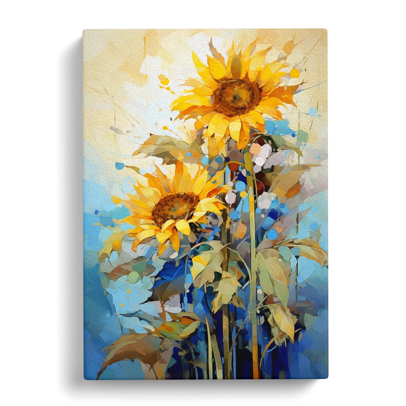 Framed sunflower canvas wall art print with abstract yellow blooms and blue accents