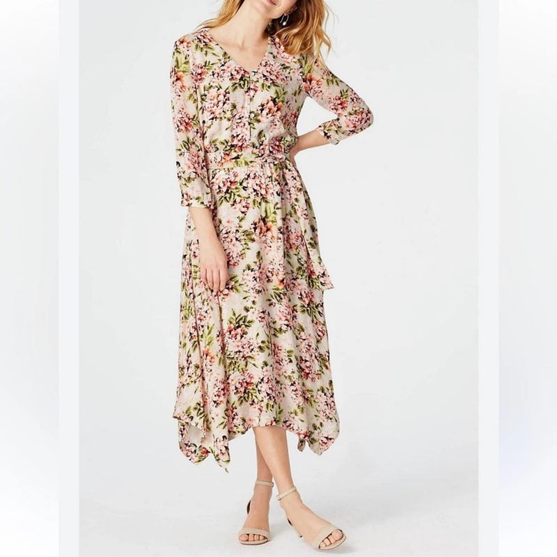 J.Jill Pebble Hydrangea floral printed belted midi dress asymmetrical hem Med Hydrangea