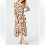 J.Jill Pebble Hydrangea floral printed belted midi dress asymmetrical hem Med Hydrangea