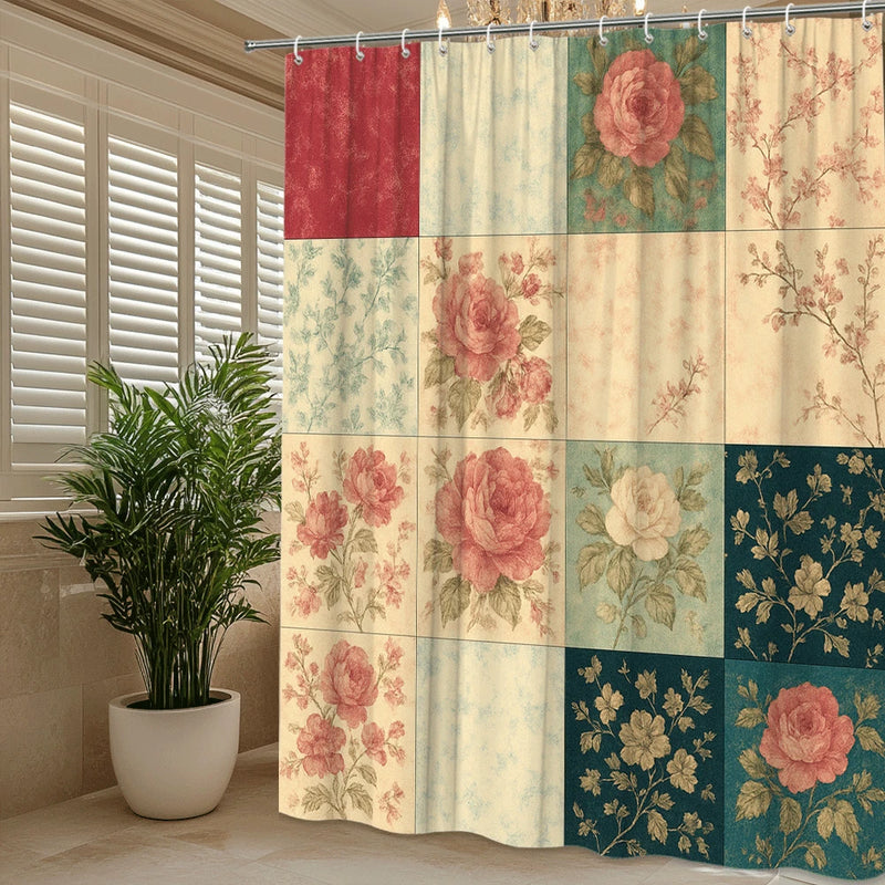 Floral vintage shower curtain with rose and botanical patchwork panels