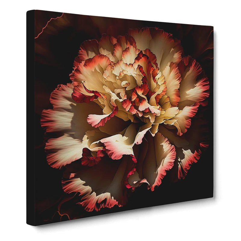Framed canvas wall art print with abstract cream and red carnation bouquet