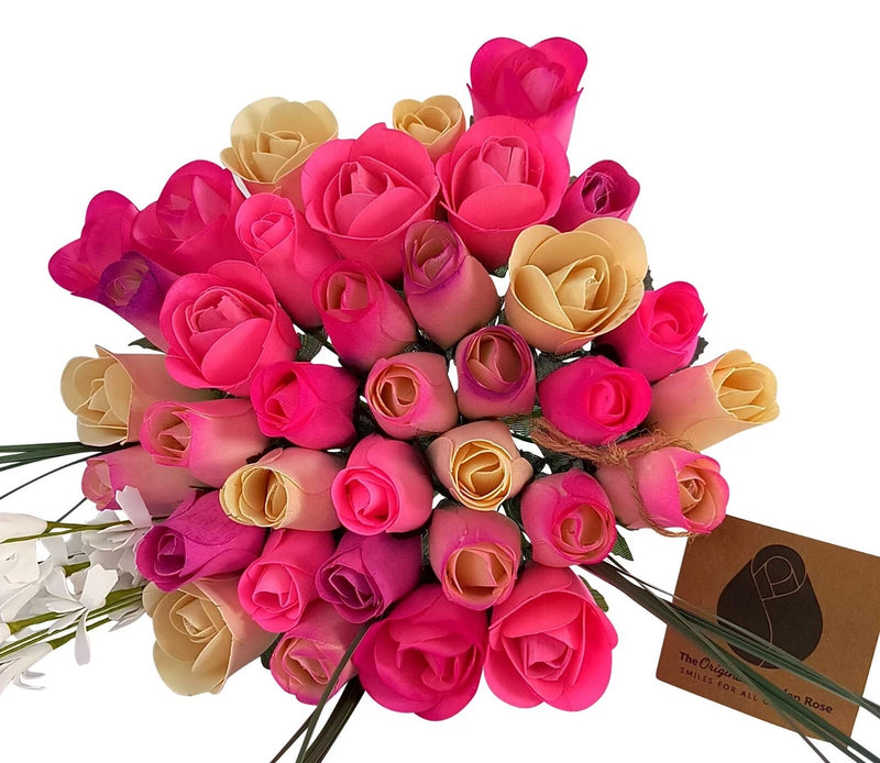 Deluxe Pink Blossoms Flower Bouquet. The Original Wooden Rose 2, 3 Dozen Green Plant