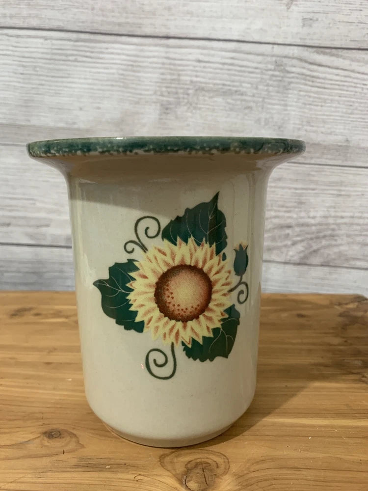 Ceramic flower vase with sunflower and green leaf pattern, glazed cream body