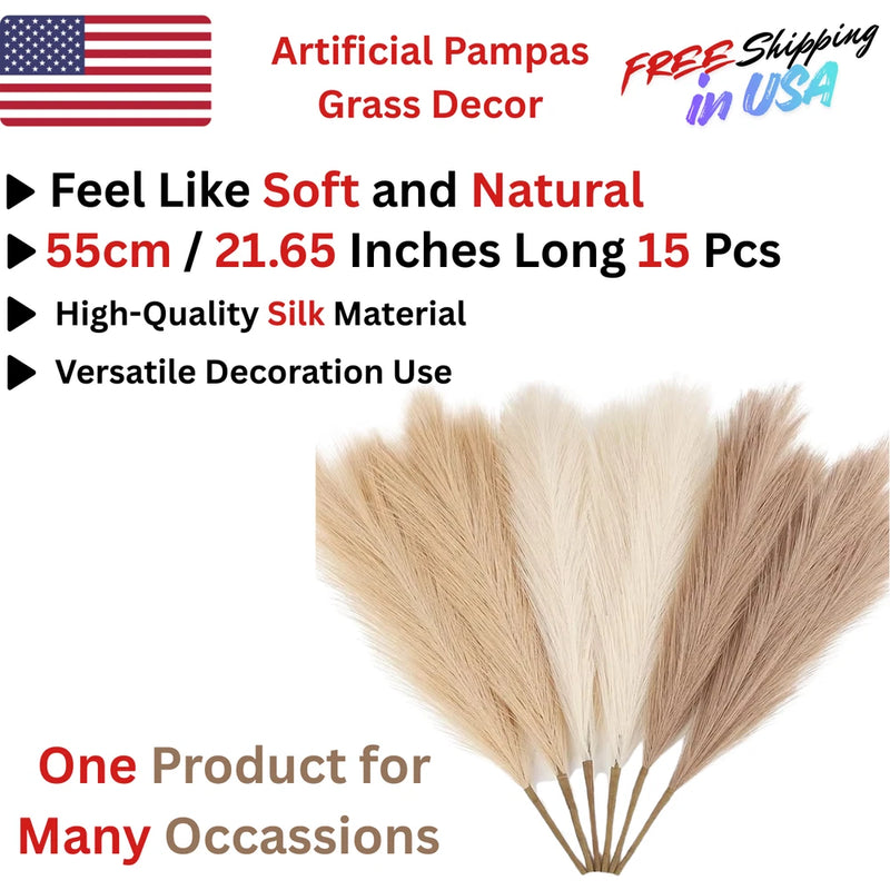 20.8" White Faux Pampas Grass Decor Fluffy Artificial Pompous Branches 15 Pcs Pampas Grass